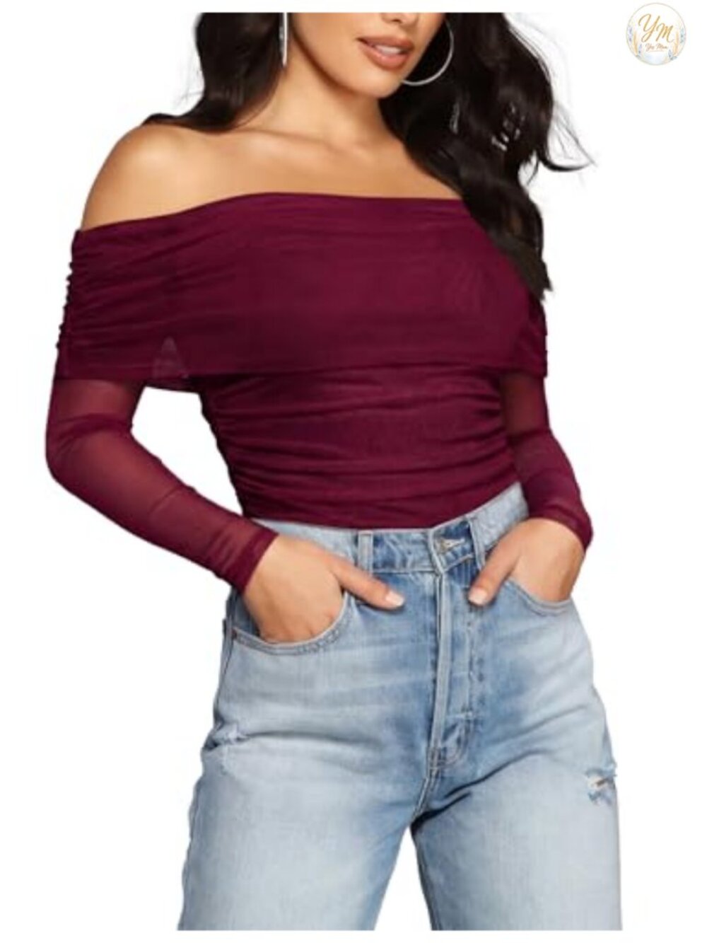 Off Shoulder Long Sleeve Mesh Bodysuit Ruched Sheer Top